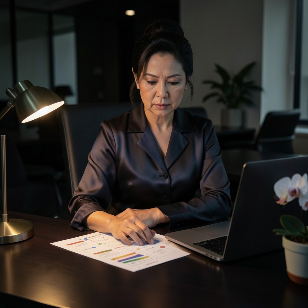 Visualisation lead reviewing annotated demand charts at a dark desk in Bangkok