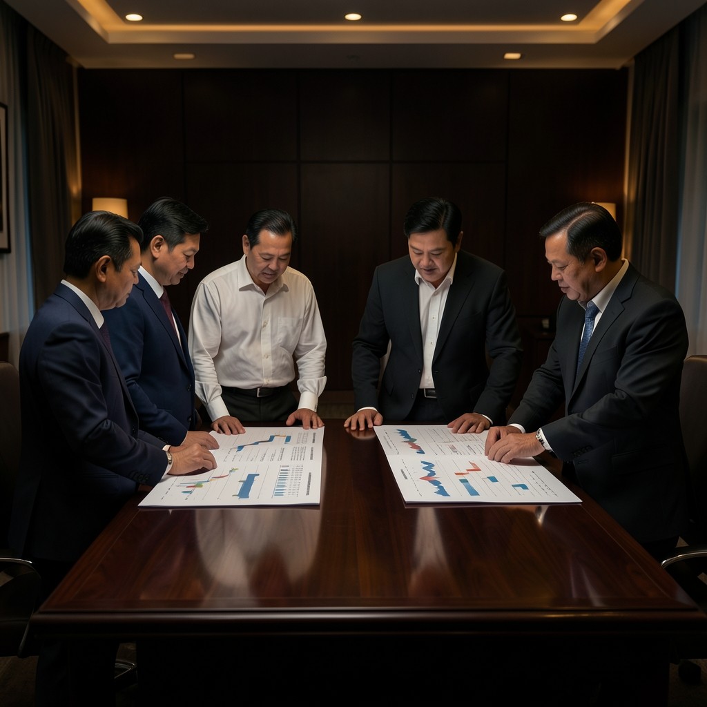 Planning team gathered around large seasonal demand prints in a dim Bangkok conference room