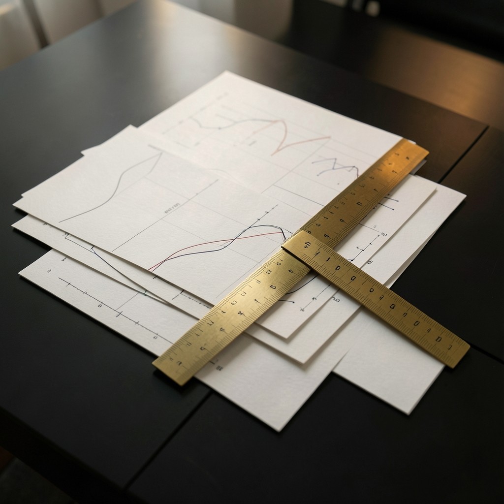 Layered forecast horizon charts spread across a dark desk with brass ruler and soft side light