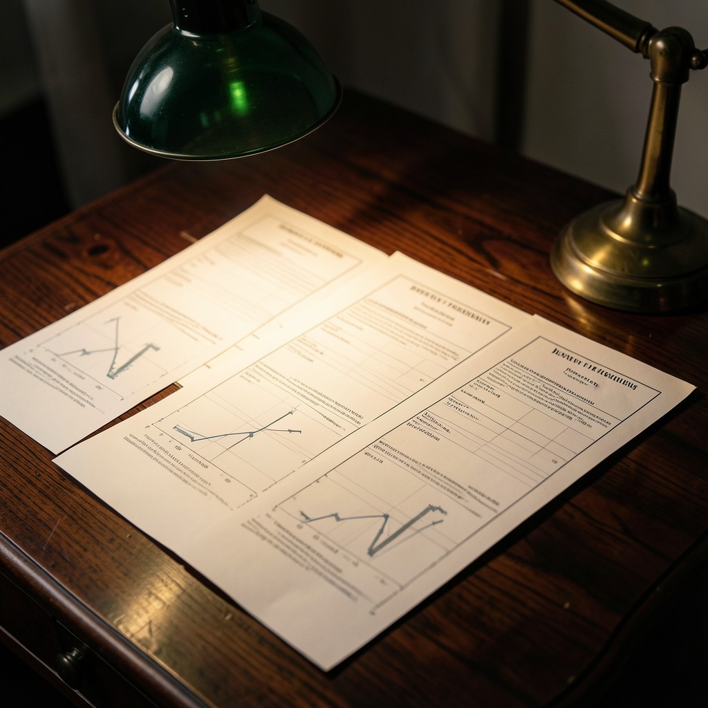 Printed forecast charts arranged on a dark walnut planning table under warm lamp light